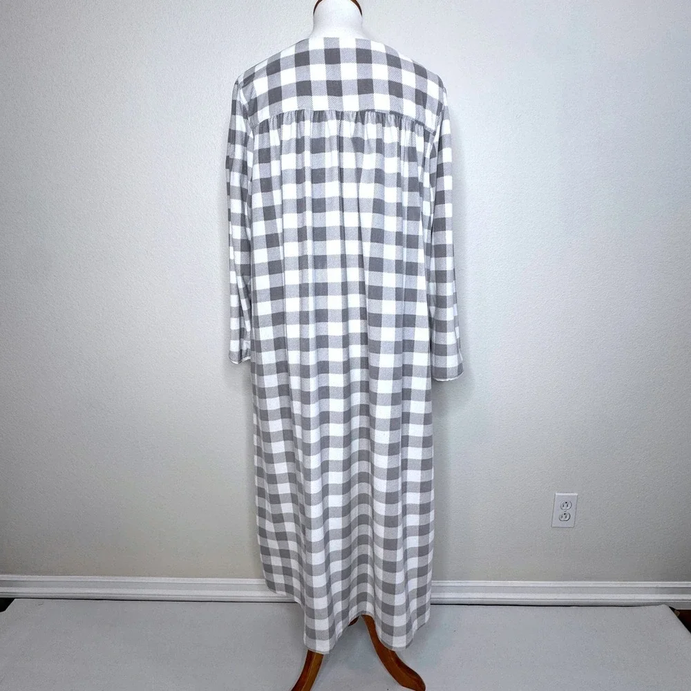 LANZ Of SALZBURG Fleece Long Nightgown MED Gray Plaid Lace Trim Cottage Core